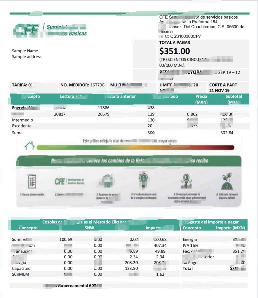 墨西哥电力 CFE 公用事业账单 Word 和 PDF 模板