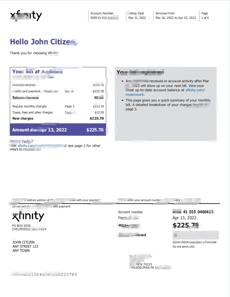 美国费城 Xfinity 公用事业账单 Word 和 PDF 模板（4 页）