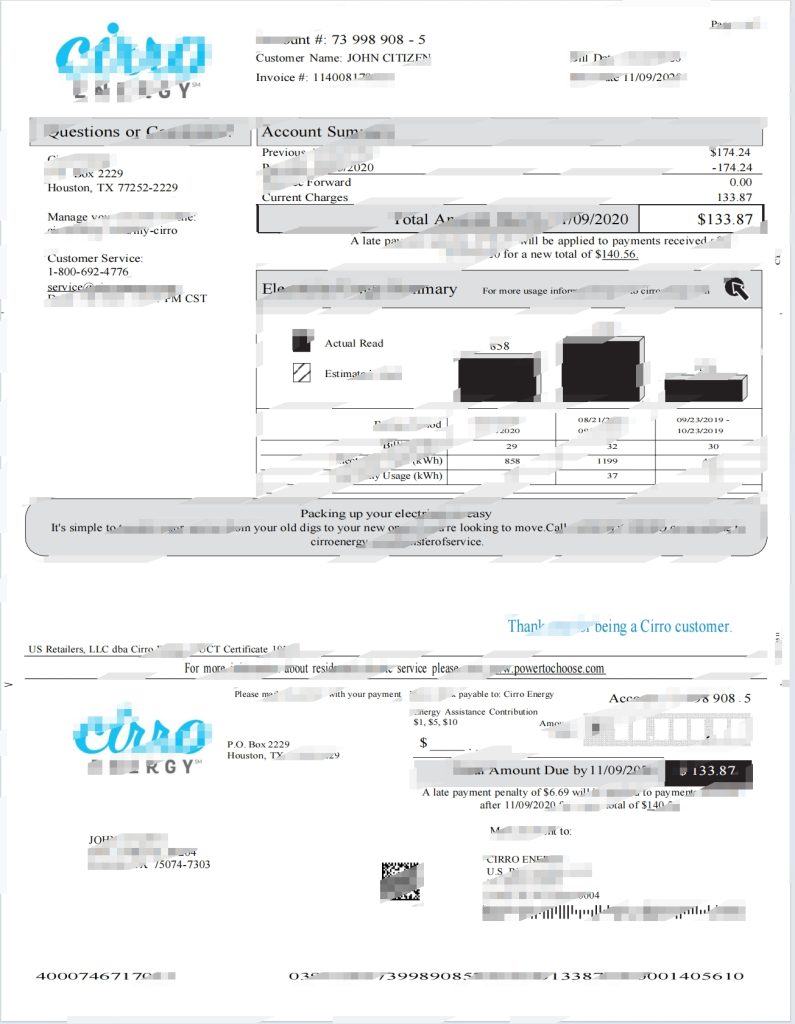 美国德克萨斯州 Cirro 能源公用事业账单 Word 和 PDF 模板（3 页）