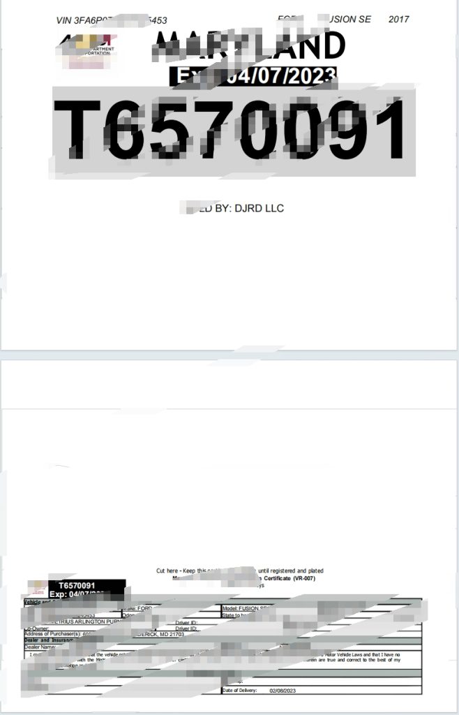 美国马里兰州临时车牌模板（Word 和 PDF 格式）