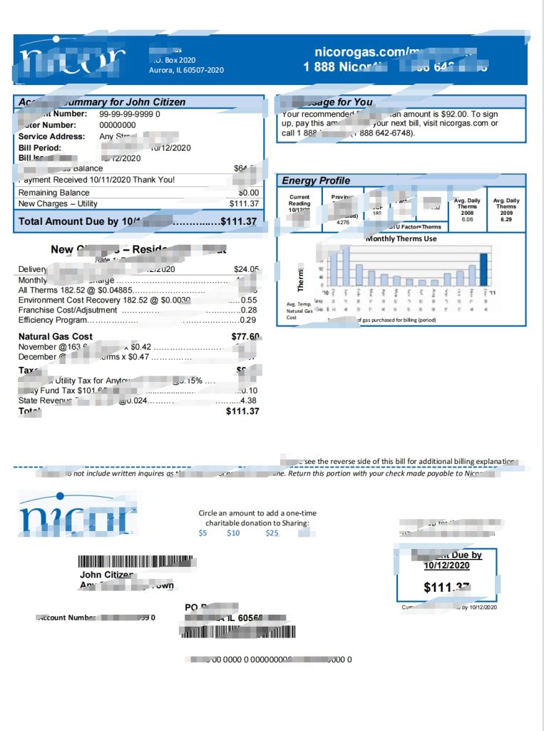 美国伊利诺伊州 Nicor 天然气公用事业账单 Word 和 PDF 模板