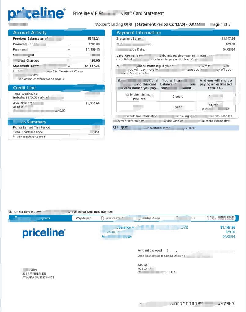 Priceline 信用卡对账单模板（Word 和 PDF 格式）
