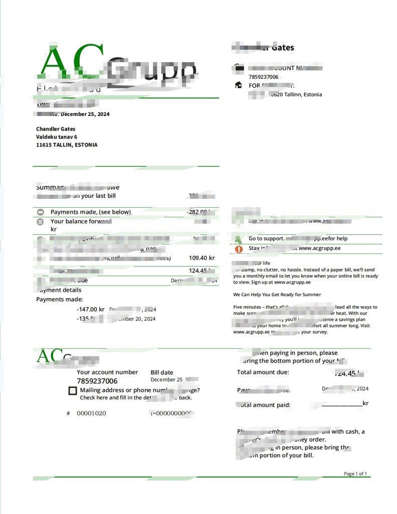 ACGrupp 爱沙尼亚电费单模板