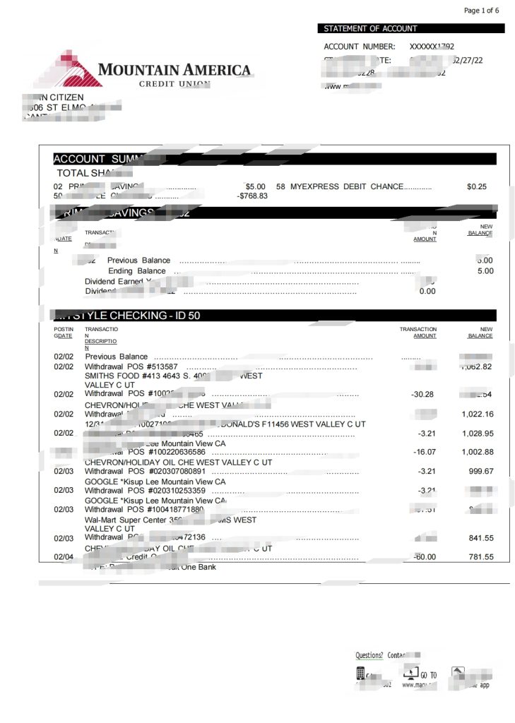 美国 Mountain America 信用合作社银行对账单 Word 和 PDF 模板