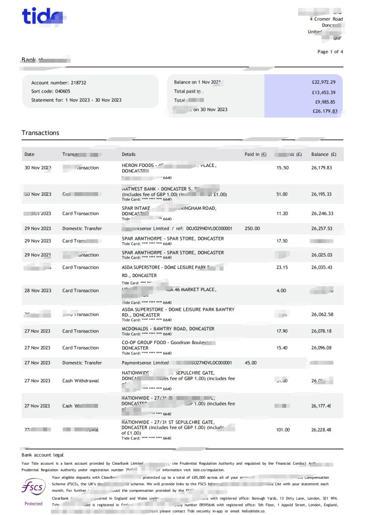 英国 Tide 银行对账单模板（Word 和 PDF 格式）UK Tide Bank Statement Template (Word and PDF)-帮司令