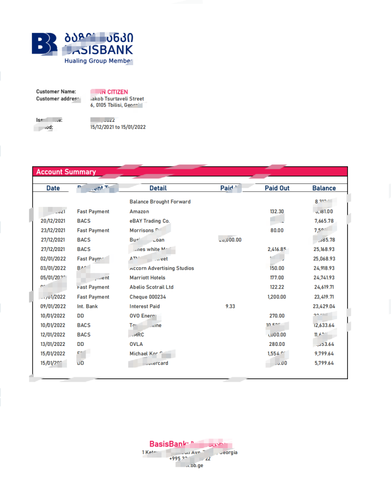 佐治亚州基础银行对账单模板