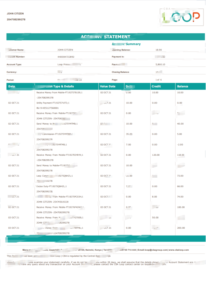 肯尼亚 CBA Loop 银行对账单 Word 和 PDF 模板（6 页）