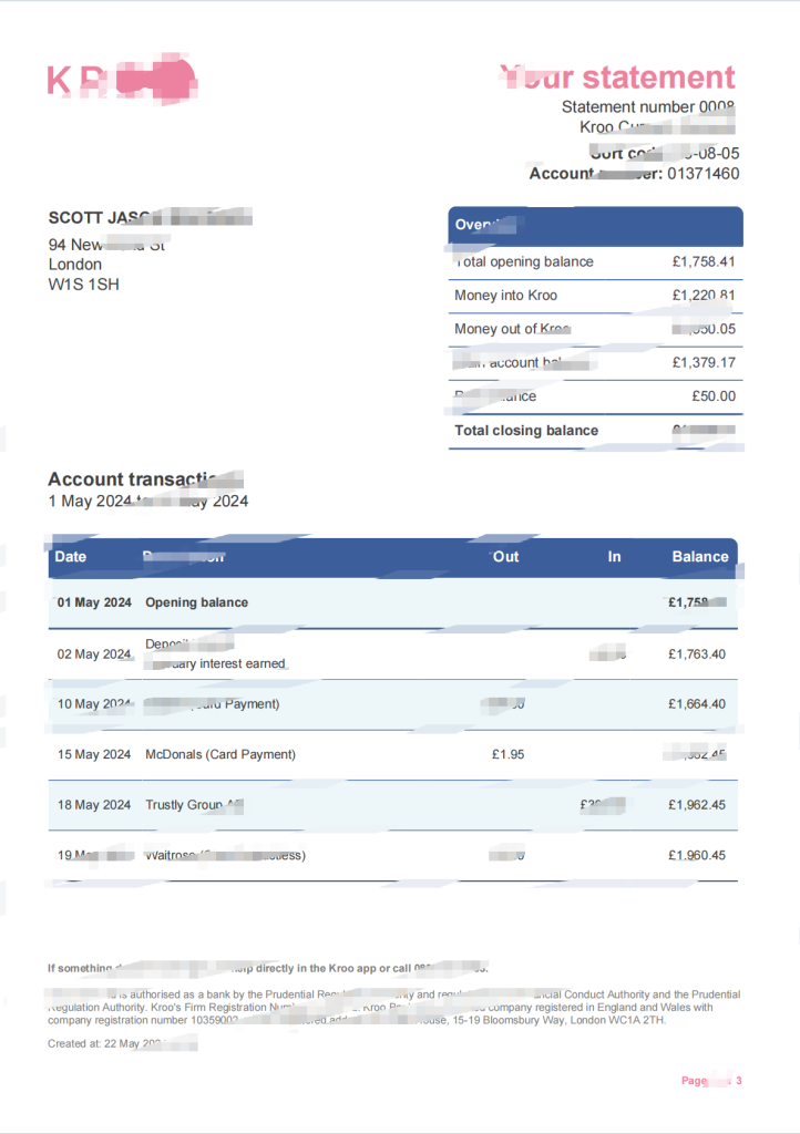 英国克罗银行对账单模板（Word 和 PDF 格式）
