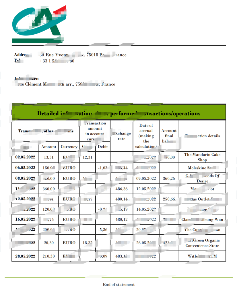 法国农业信贷银行对账单模板