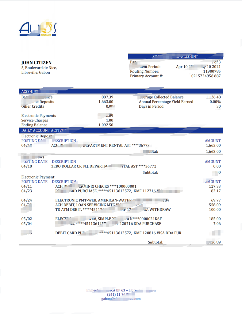 加蓬 Alios Finance 银行对账单模板