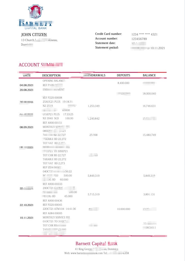 多米尼加巴内特资本银行对账单模板