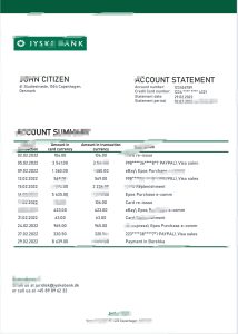 丹麦 Jyske 银行对账单模板Denmark Jyske Bank Statement Template-帮司令