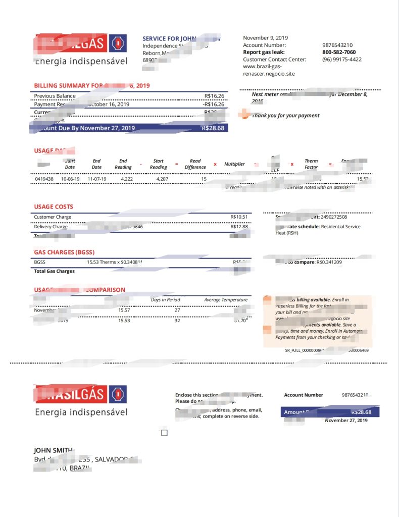 巴西天然气公用事业账单Word和PDF模板