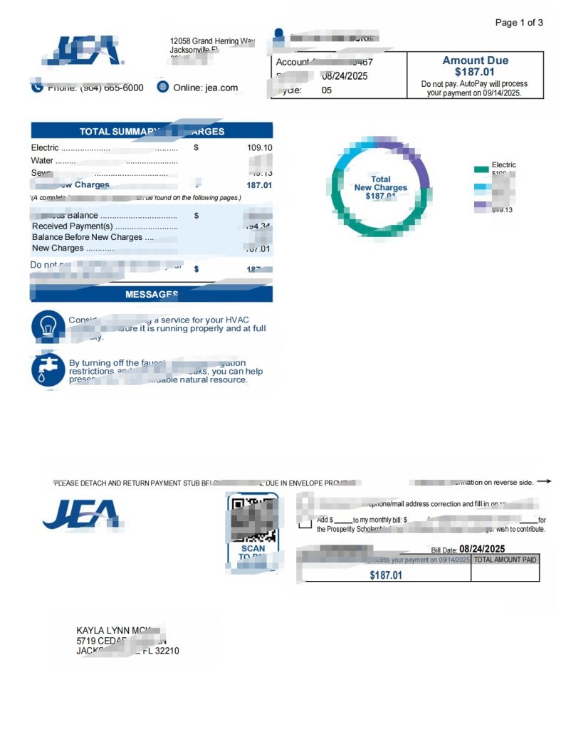 美国 JEA 公用事业账单模板（Word 和 PDF 格式）