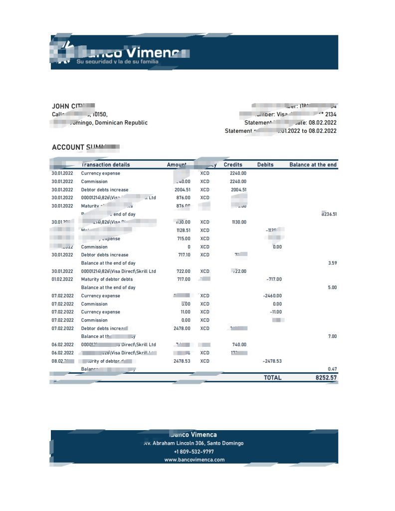 多米尼加共和国 Banco Vimenca 银行对账单 Excel 和 PDF 模板
