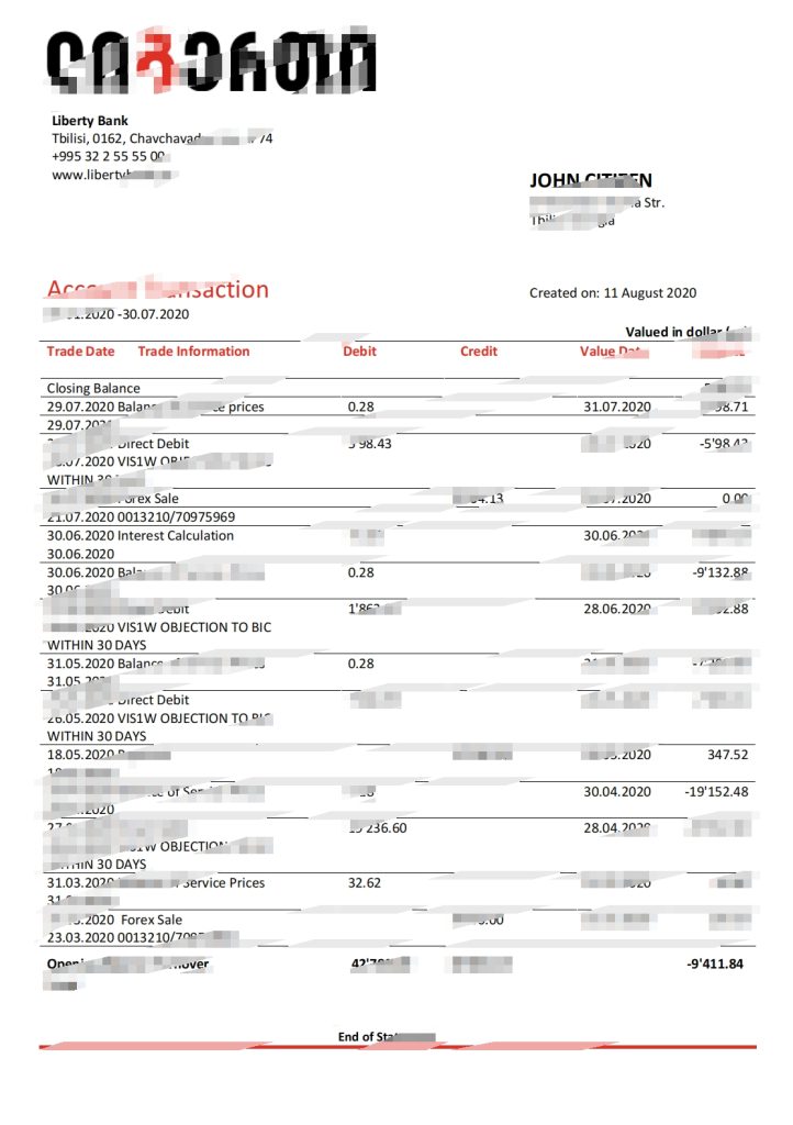 佐治亚自由银行对帐单模板