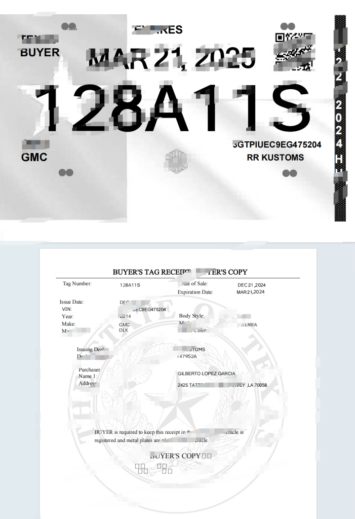 美国德克萨斯州买家车辆收据模板（Word 和 PDF 格式）