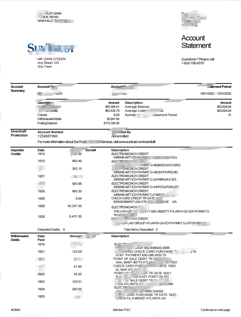 美国 SunTrust 银行对账单 Word 和 PDF 模板（2 页）