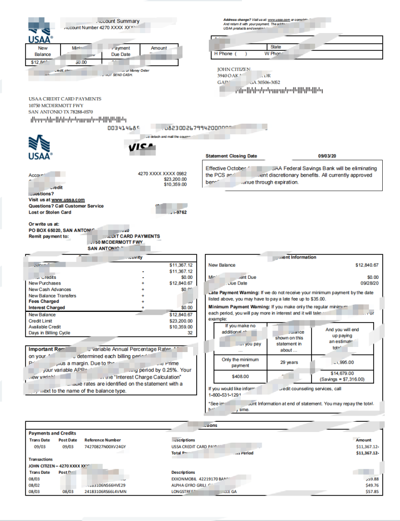 美国 USAA 银行信用卡对帐单模板
