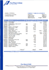 美国内布拉斯加州五点银行信用卡对账单Word和PDF模板USA Nebraska Five Points Bank Credit Card Statement Word And PDF Template-帮司令
