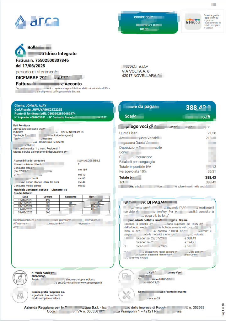 意大利水务账单模板（Word 和 PDF 格式）v6