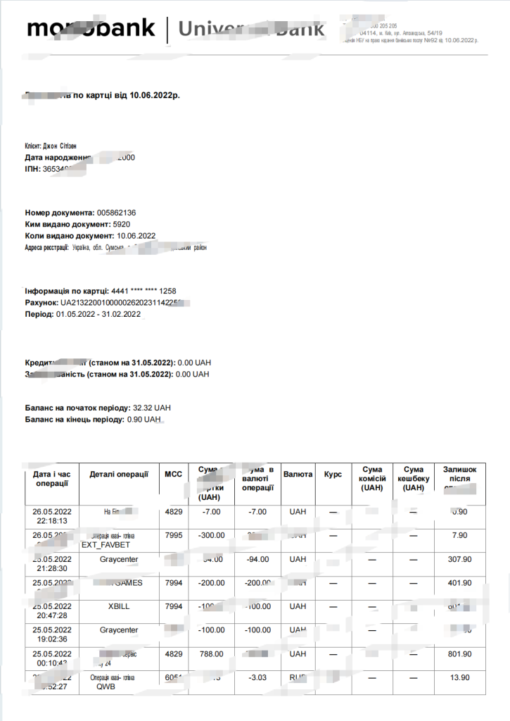 乌克兰 Monobank 银行对账单 Word 和 PDF 模板（3 页）