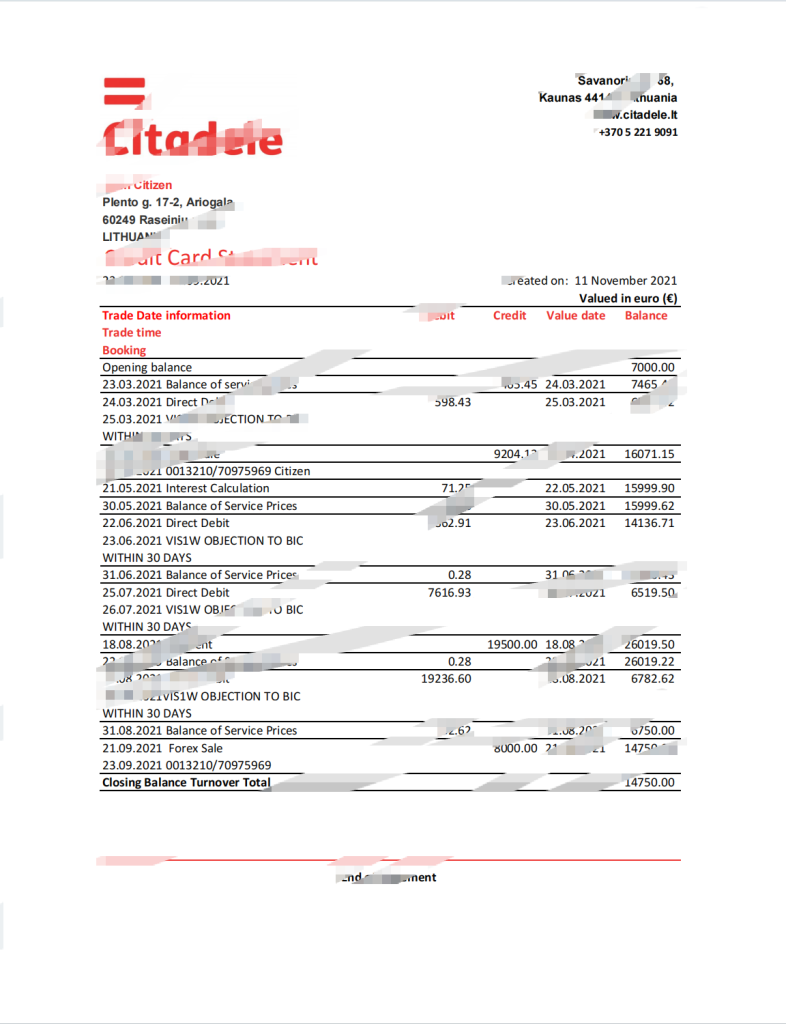 立陶宛 (Litva) Citadele 银行信用卡对帐单 Excel 和 PDF 模板