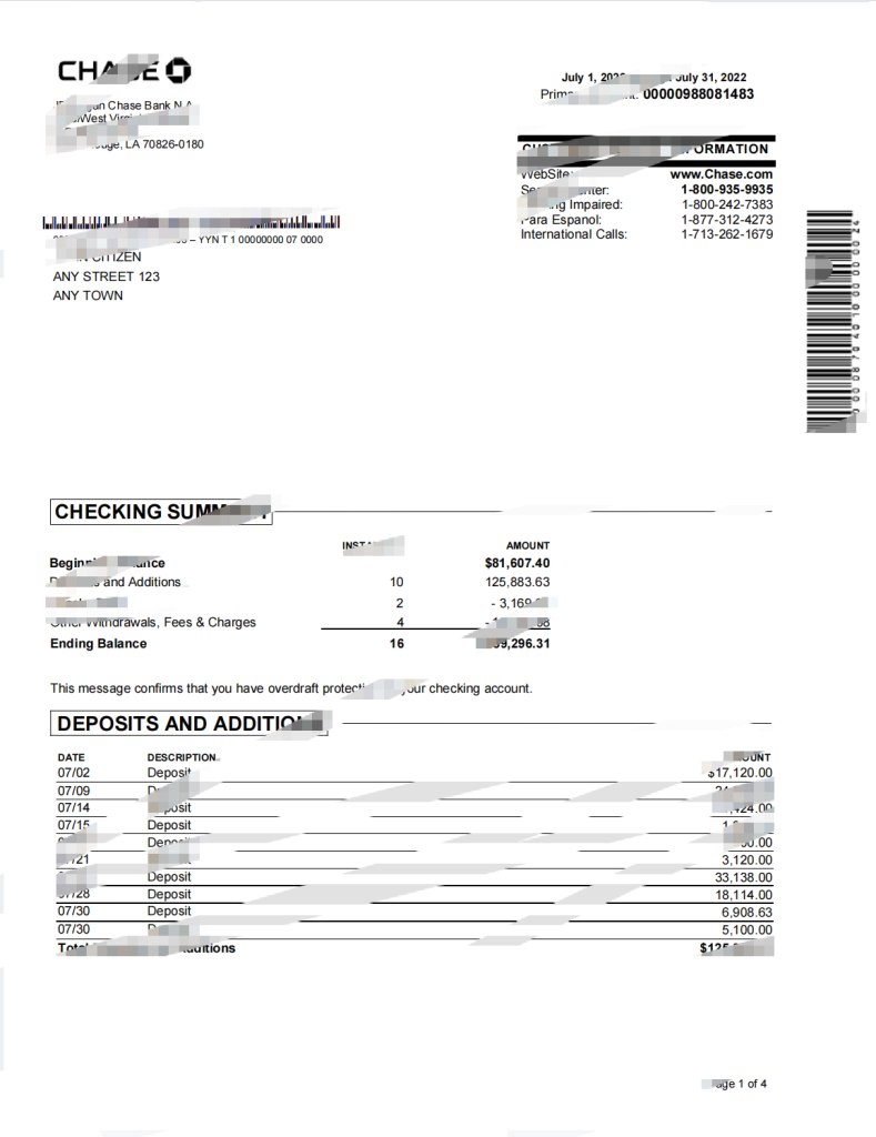 美国大通银行对账单 Word 和 PDF 模板（4 页）
