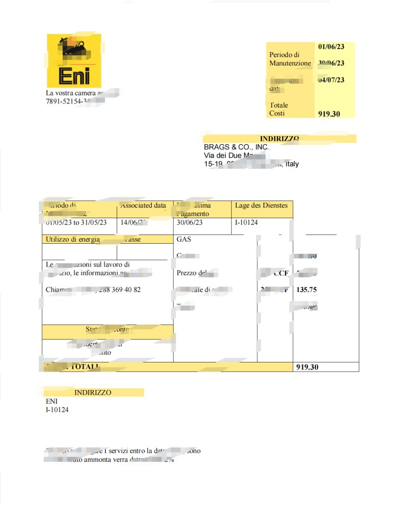 意大利埃尼天然气公司公用事业账单模板（Word 和 PDF 格式）