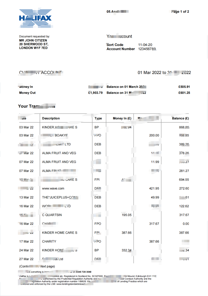 英国哈利法克斯银行对账单 Word 和 PDF 模板（2 页）版本 2