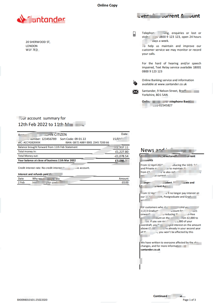 英国桑坦德银行对账单 Word 和 PDF 模板（3 页）