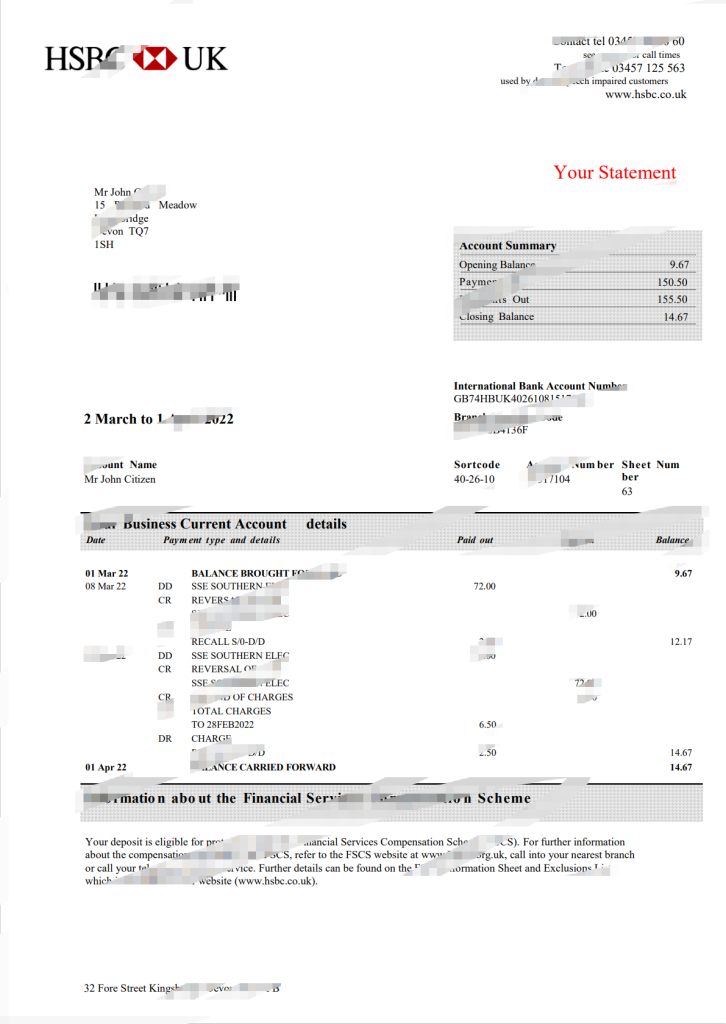 英国汇丰银行企业账户对账单 Word 和 PDF 模板（3 页）