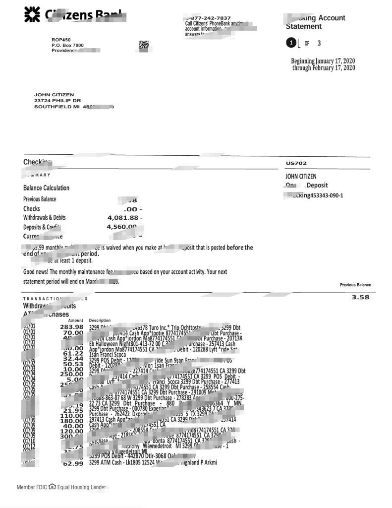 美国公民银行对账单模板（4页）