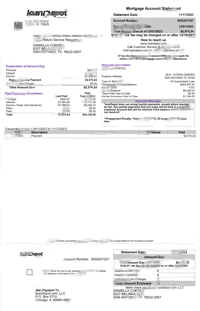 美国loanDepot抵押贷款对账单的word和pdf格式模板