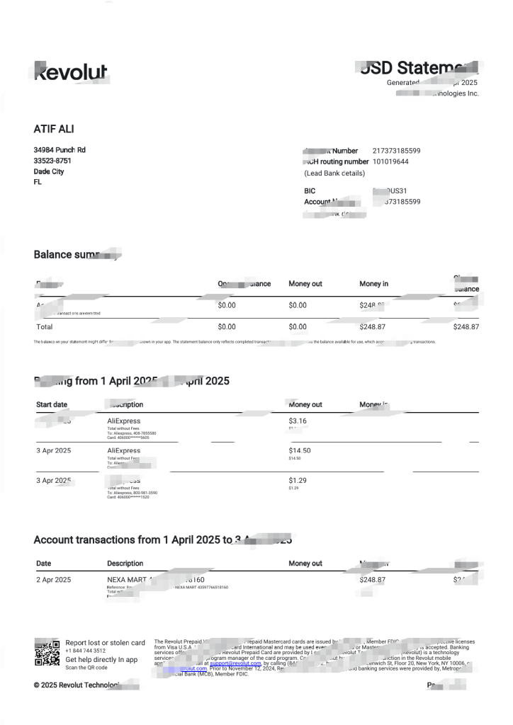 美国 Revolut 美元对账单模板（Word 和 PDF 格式）