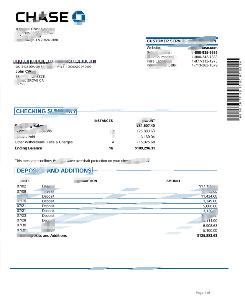 美国摩根大通银行对账单模板