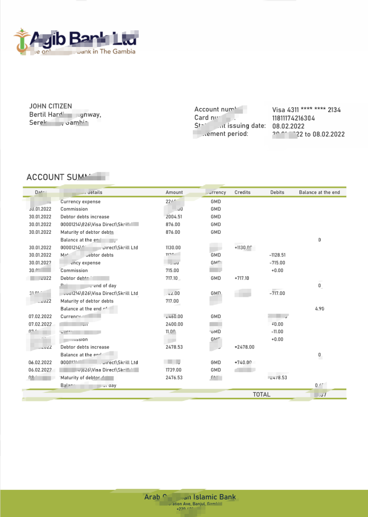 冈比亚阿拉伯冈比亚伊斯兰银行对账单模板