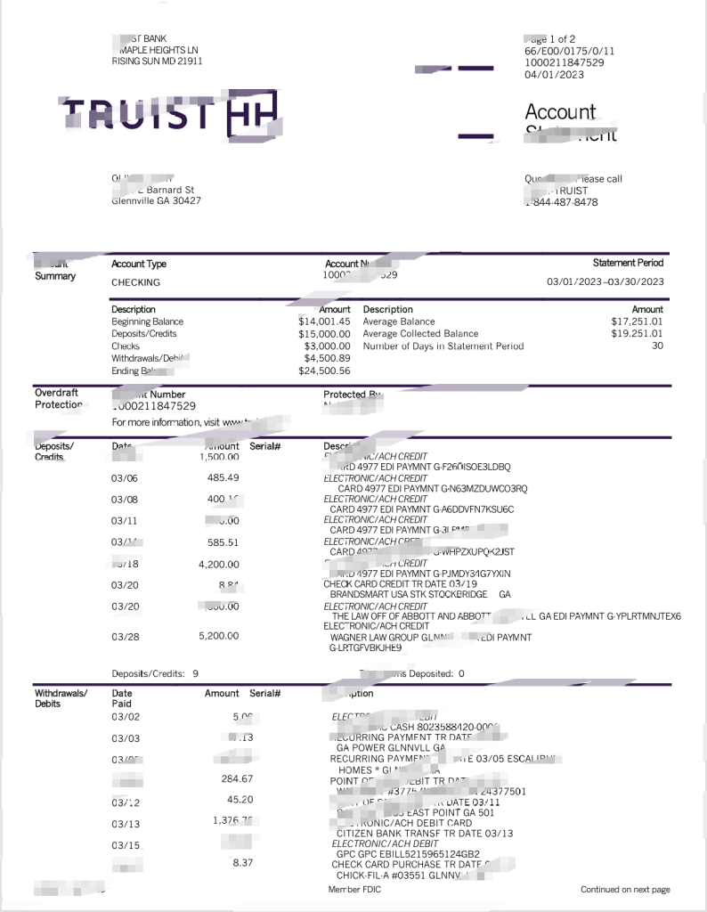 美国 Truist 银行支票账户对账单模板（Word 和 PDF 格式）