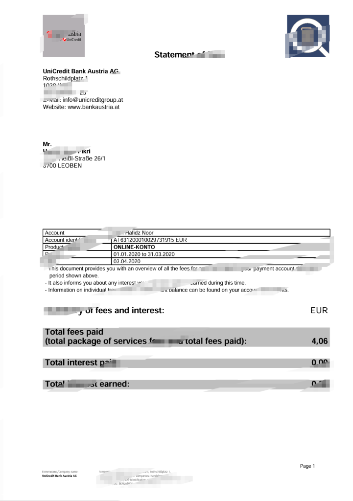 奥地利联合信贷银行（UniCredit Bank Austria）费用明细模板（Word 和 PDF 格式）