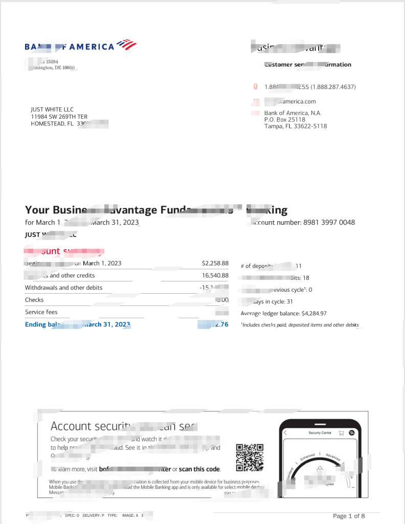 美国银行商业优势银行对账单模板（Word 和 PDF 格式）