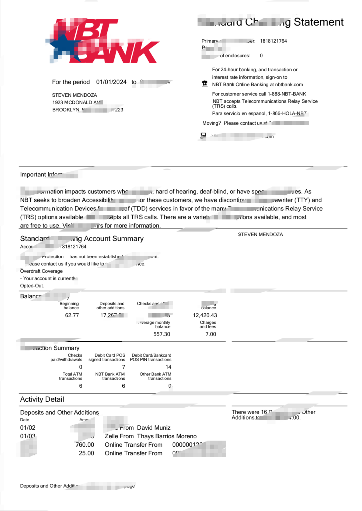 美国NBT银行标准支票账户对账单模板（Word和PDF格式）