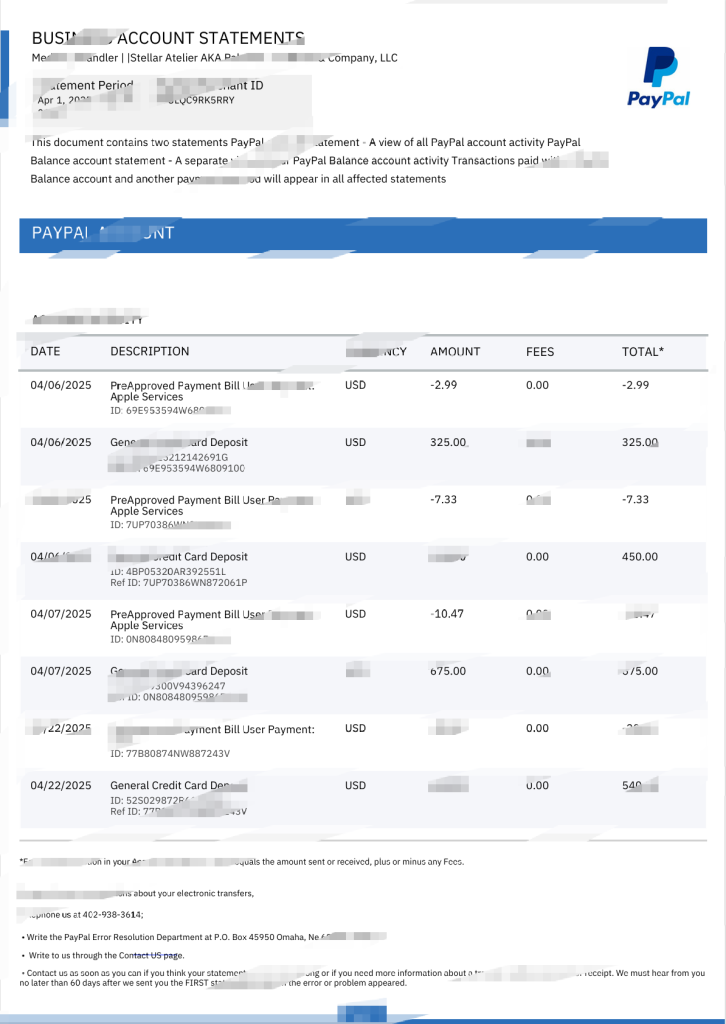 美国PayPal企业账户对账单模板（Word和PDF格式）