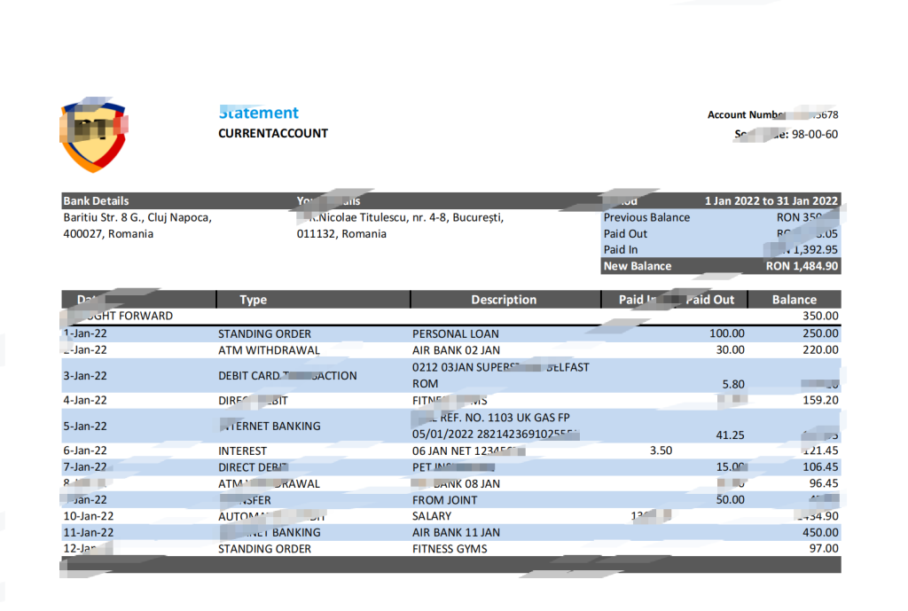 罗马尼亚 Banca Transilvania 银行对账单 Excel 和 PDF 模板