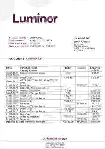 爱沙尼亚 Luminor 银行对账单模板Estonia Luminor Bank Statement Template-帮司令