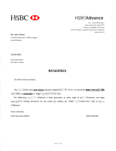 卢森堡汇丰银行推荐信模板Luxembourg HSBC Bank Reference Letter Template-帮司令