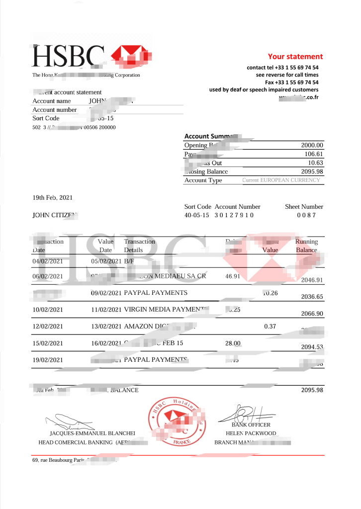 法国汇丰银行对账单模板（版本 2）