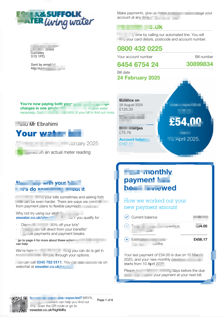 英国埃塞克斯和萨福克水务公司供水和污水处理综合服务账单模板（Word 和 PDF 格式）