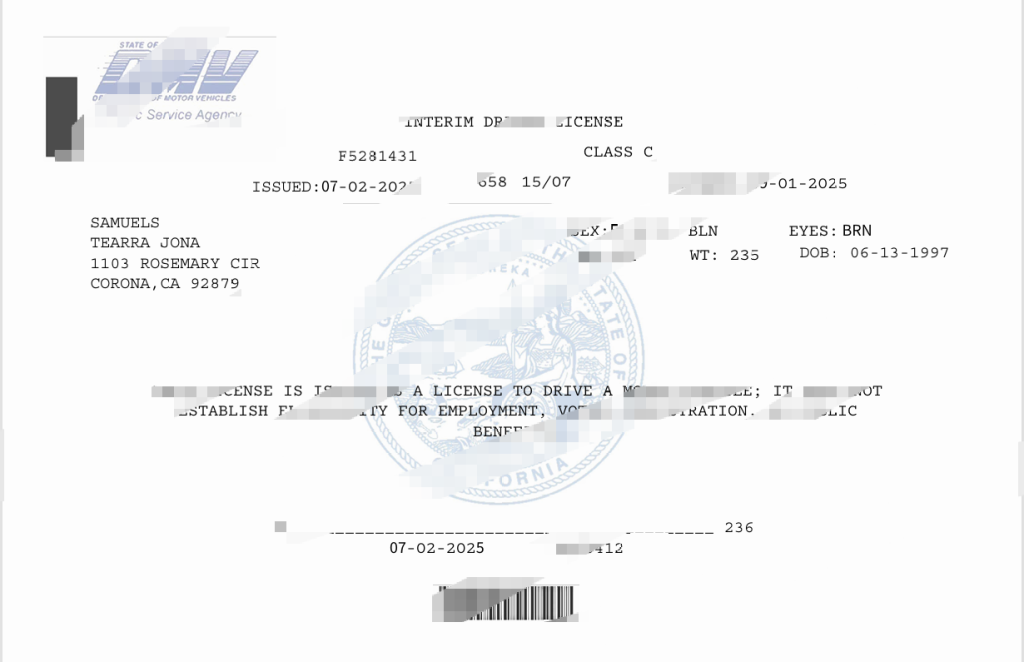 加州车辆管理局临时驾驶执照模板