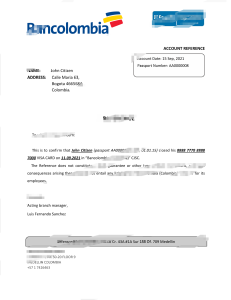 哥伦比亚 Bancolombia 银行账户推荐信模板Colombia Bancolombia Bank Account Reference Letter Template-帮司令