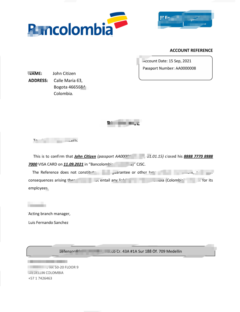 哥伦比亚 Bancolombia 银行账户推荐信模板